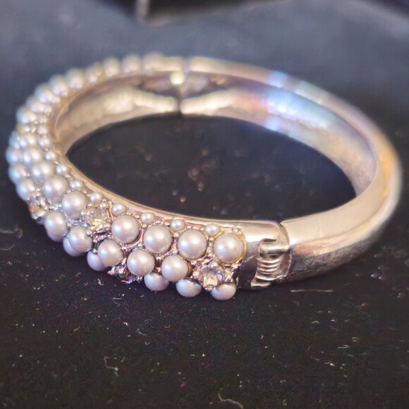 Vintage Antique Silver Bracelet with Gray Pearls and Black Diamond Stones - Picture 5 of 7